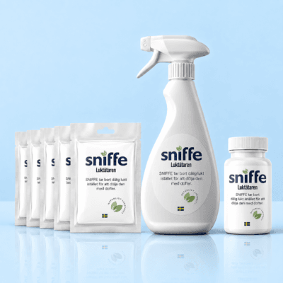 Sniffe Startpaket – spray, pulver och 5 luktdynor, parfymfri luktborttagare