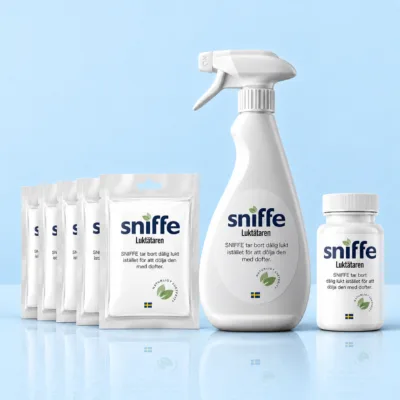 Sniffe Startpaket – spray, pulver och 5 luktdynor, parfymfri luktborttagare